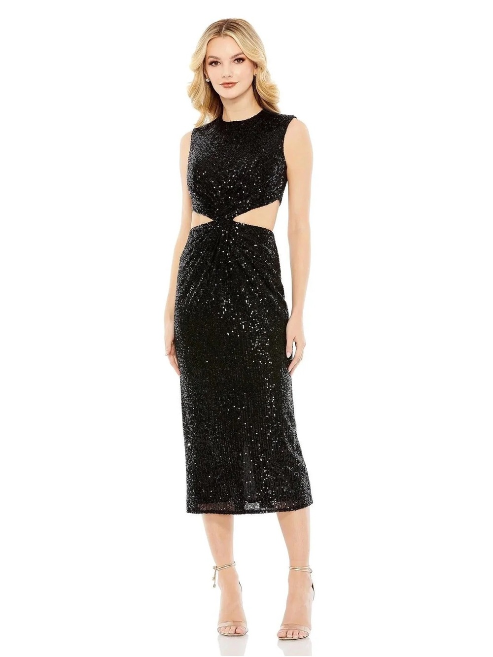 Mac Duggal Black Sequin Cutout Midi Dress
